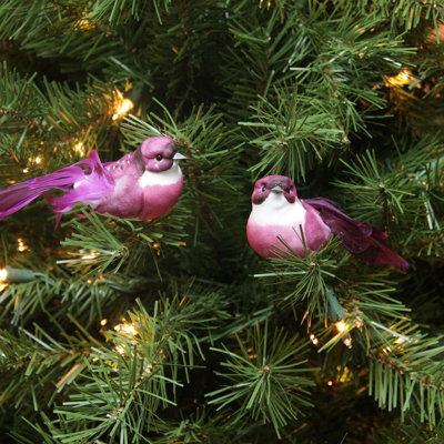 Ensemble de 12 décorations de Noël plumes d'oiseaux mauves roses 5,75 po