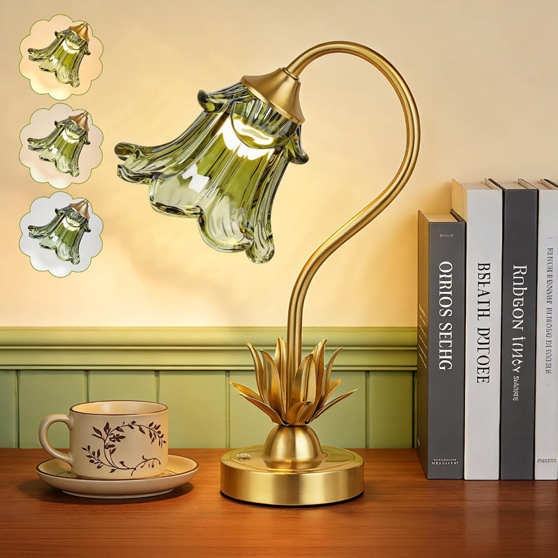 Lampe de table à fleurs 13,5 po avec abat-jour en verre vert pour table de chevet, patio, camping