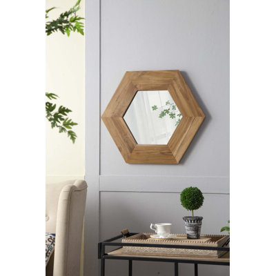 18.5" Hexagon Wall Decor Mirror With Solid Wood Frame