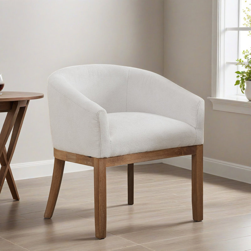 Upholstered Barrel Dining Chair with Arms, 19.32"W Accent Side Armchair for Living Room, Beige