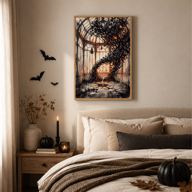 Vignes sombres et entrelacées et arbre lumineux dans une toile murale gothique d'Halloween, H 48 po x l 32 po