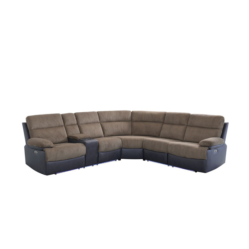 189" Power Recliner Sectional With Corduroy Top, Leather Base, And Built-in Middle Console