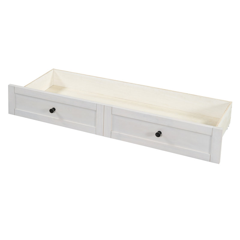 Lit double en blanc brossé avec rangement généreux et ports. Optimisez votre espace. Capacité de poids stable de 450 lb. Chic devant rayé. Espace pratique. Facile d'accès. Matelas non inclus. Assemblage