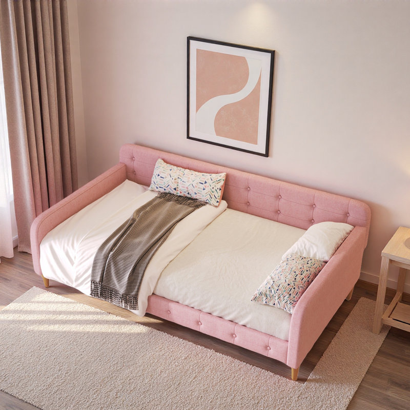 Lit de jour moderne rembourré avec 4 pieds de soutien et capitonnage à boutons, Lit simple, Rose