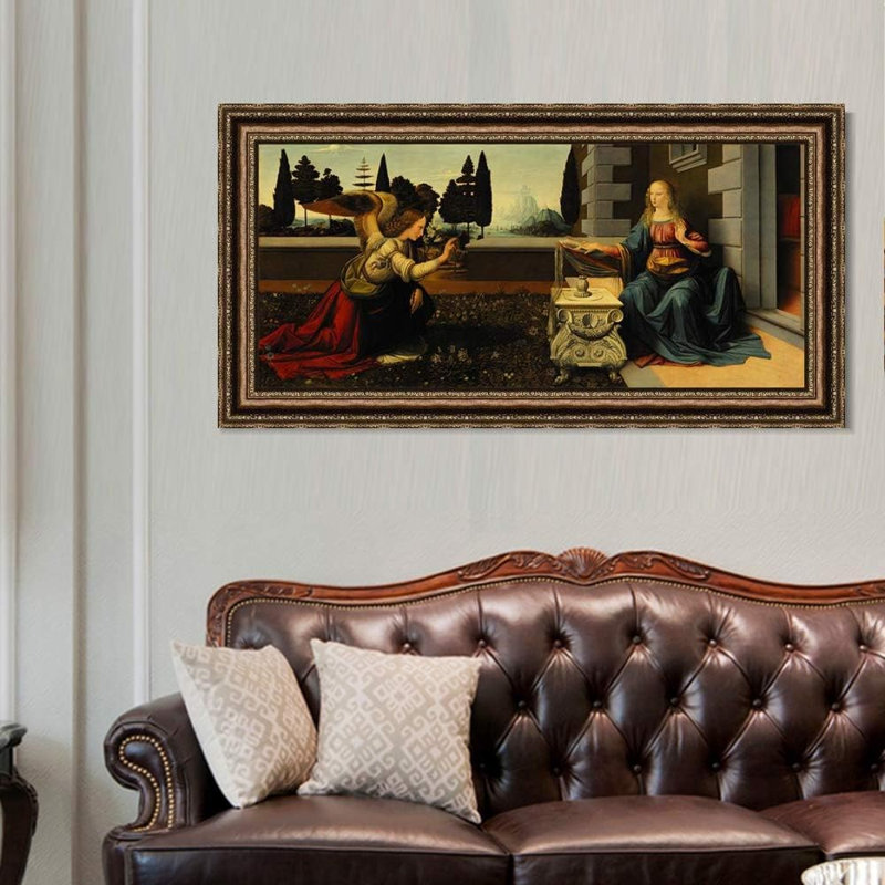 Framed Canvas Art Giclee Print Annunciation by Leonardo da Vinci Wall Art Living Room Home Office Decorations(Vintage Embossed Gold frame,20"x40")