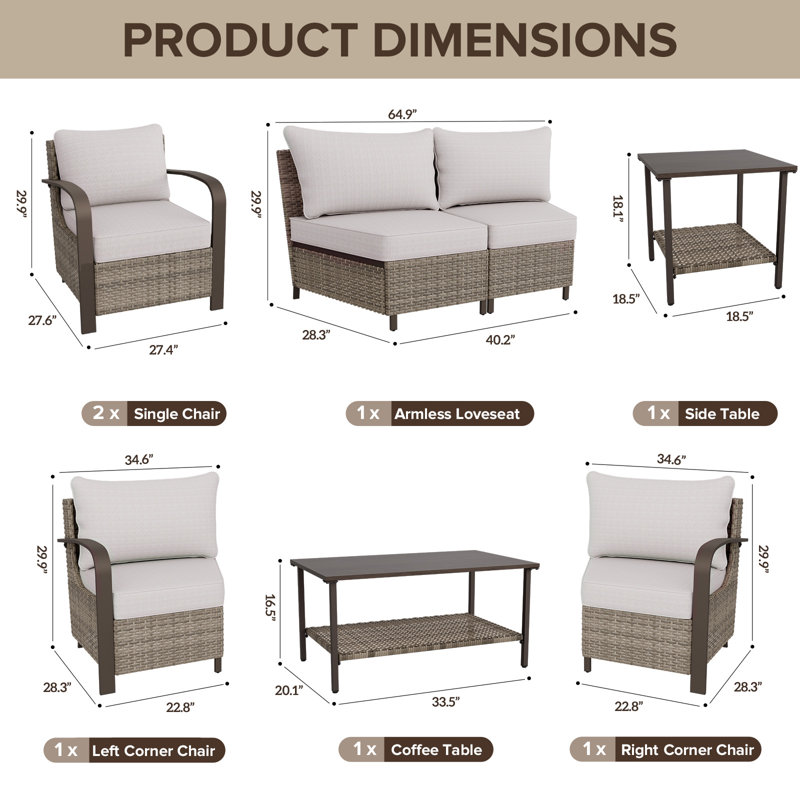 8-Piece Brown Steel Wicker Outdoor Sectional Sofa Set with Beige Cushions