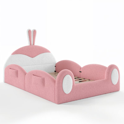 Kids Upholstered Floor Bed with Cute Rabbit Headboard, Toddler Bed Frame with Side Storage Pockets, Low Profile Kids Platform Bed for Bedroom