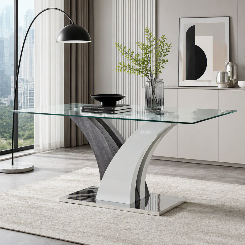 Modern Rectangular Dining Table with Glass Top and MDF Legs