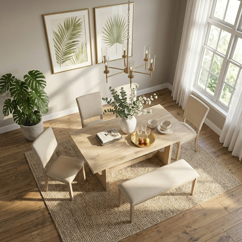 Ensemble de table de salle à manger 6 pièces avec banc, salle à manger, base en forme de U, chêne clair et beige, 6