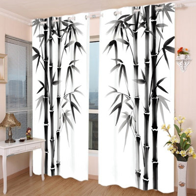 2Pcs rideaux imprimés avec œillets en forêt de bambou, rideaux de peinture à l'encre de style japonais, réduction du bruit et protection de la vie privée, panneaux de fenêtre décoratifs obscurcissants pour salon, chambre à coucher, dortoir, décoration intérieure