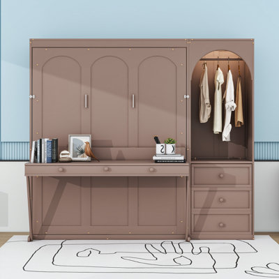 Lit escamotable avec tablette de rangement, tringle à DEL, 3 tiroirs et bureau