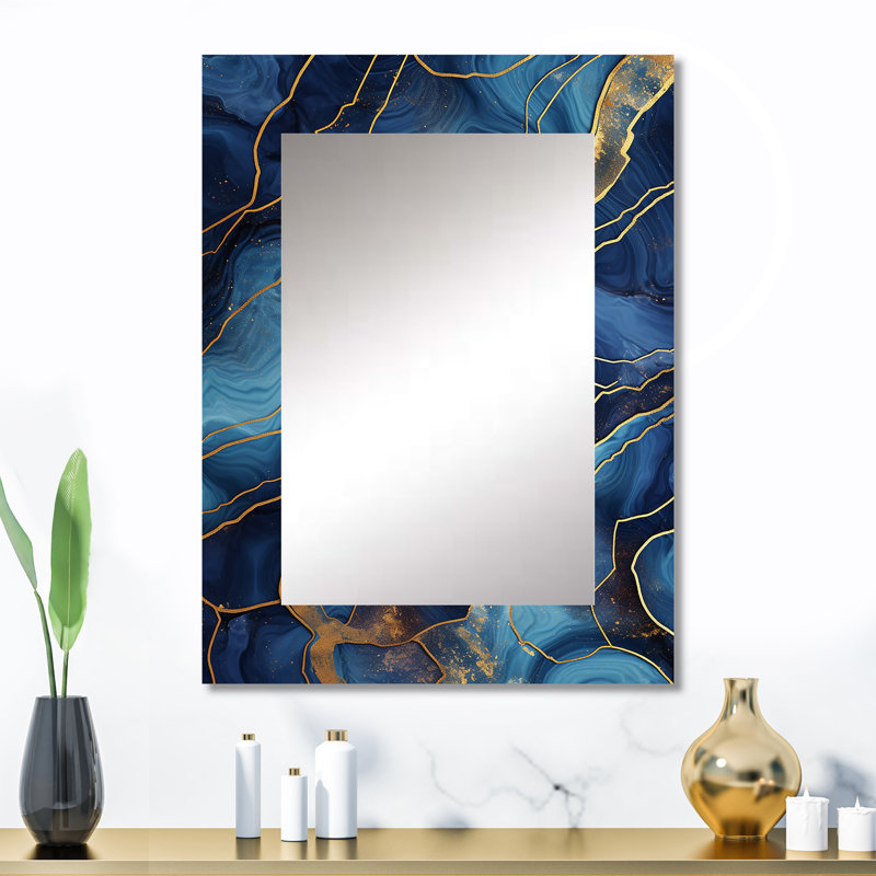 Blue and gold Abstract Marble Mirage V - Marble Decorative Wall Mirror, Modern Mirror, Printed Metal Art, 32" x 24"