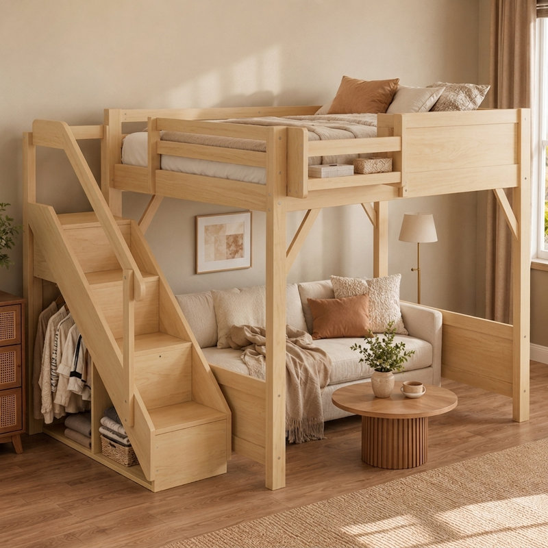 Lit mezzanine pleine grandeur avec garde-robe intégrée, tablettes de rangement et escalier, lit mezzanine en bois massif avec garde-corps pleine longueur, aucun sommier nécessaire