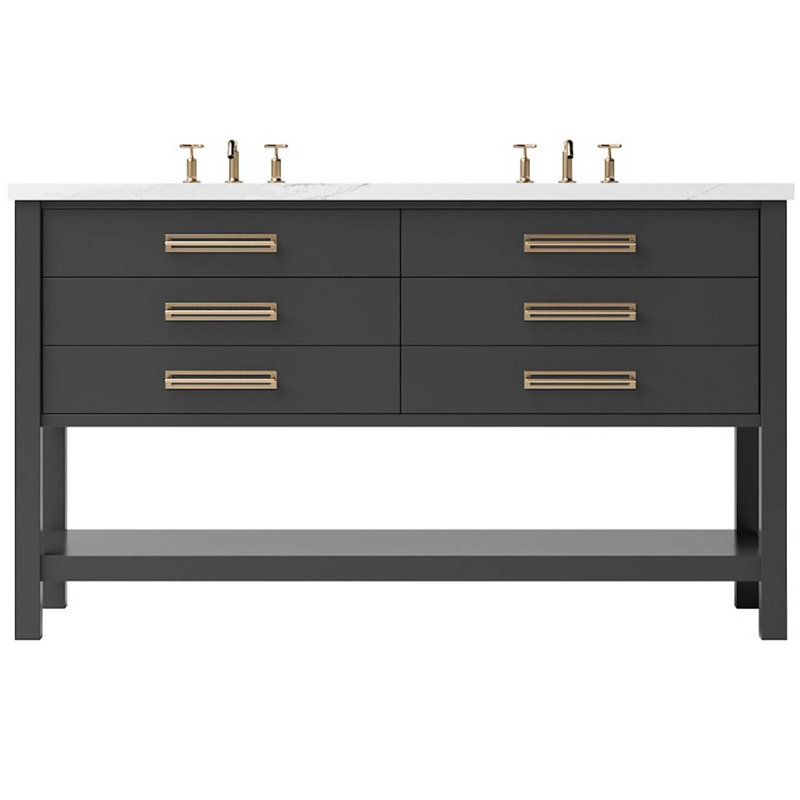 Kiawah Double Drawer Bath Vanity, Off Black, Satin Gold, 60"