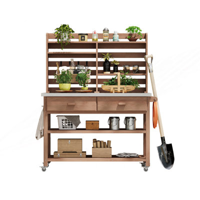 Outdoor Potting Bench Table With Lockable Wheels, Outdoor Kitchen Island With Upper Hutch