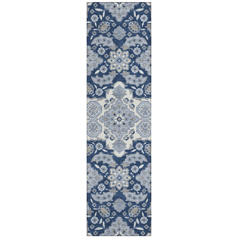 Machine Washable Indoor/Outdoor Xhevrie Blue Rug, Runner 2'3" x 7'6"