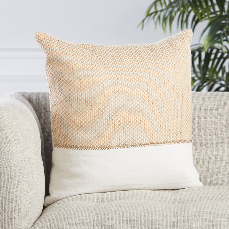 Beige and White Linen Embroidered Square Throw Pillow