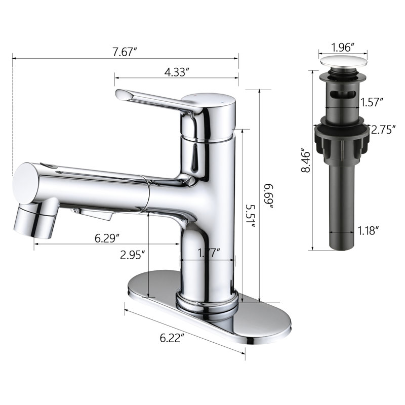 Modern Bathroom Sink Tap With Pull-Out , Single Handle Design, , 3 Function Spray Settings, Pop-Up Drain Stopper & Deck Plate, Stainless Steel Made Handle, Finish,