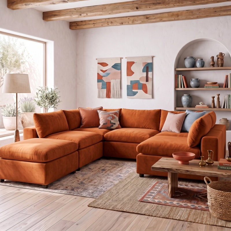 Canapé modulaire 6 pièces rembourré, Velours orange
