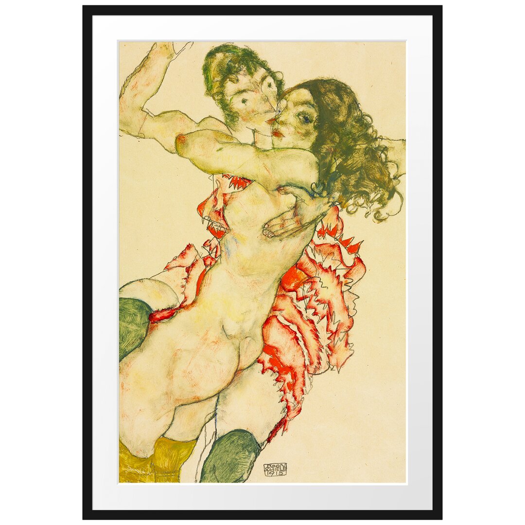 Gerahmtes Poster Two Women Embracing Each Other von Egon Schiele