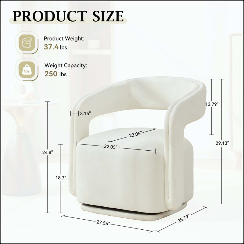 Fauteuil pivotant en chenille avec dossier incurvé et grand siège - blanc, White