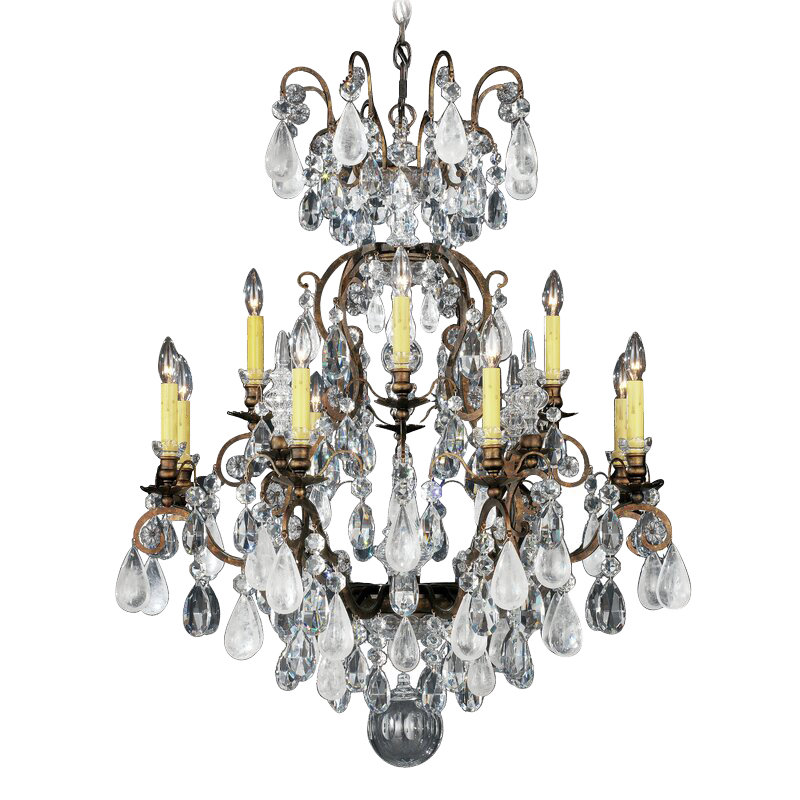 Renaissance 12 - Light Glass Tiered Chandelier, Clear Rock Crystal, French Gold