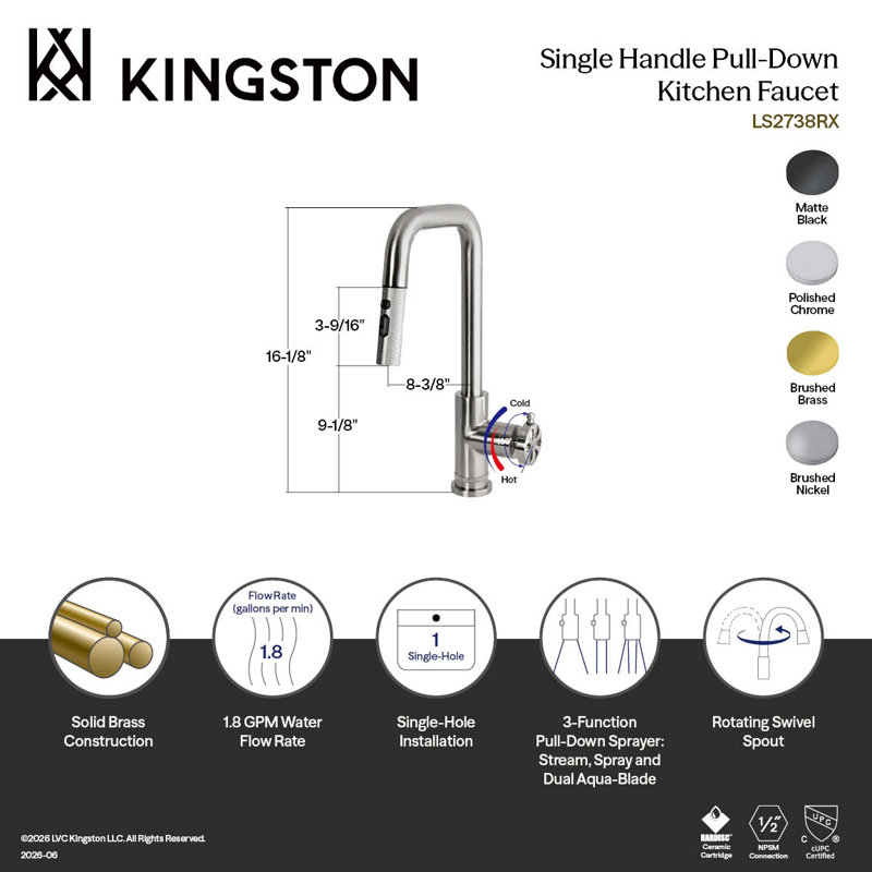 Robinet de cuisine à poignée simple Kingston, Chrome poli