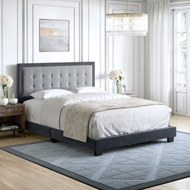Pisa Velvet Upholstered Platform Bed Frame with Adjustable Headboard, Solid Wood Beam Support System, No Box Spring Required
