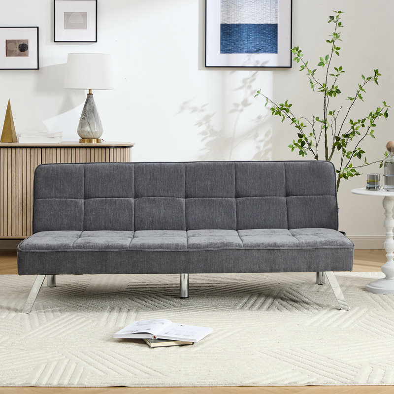 165cm W Modern Grey Convertible Sofa Bed with Metal Legs