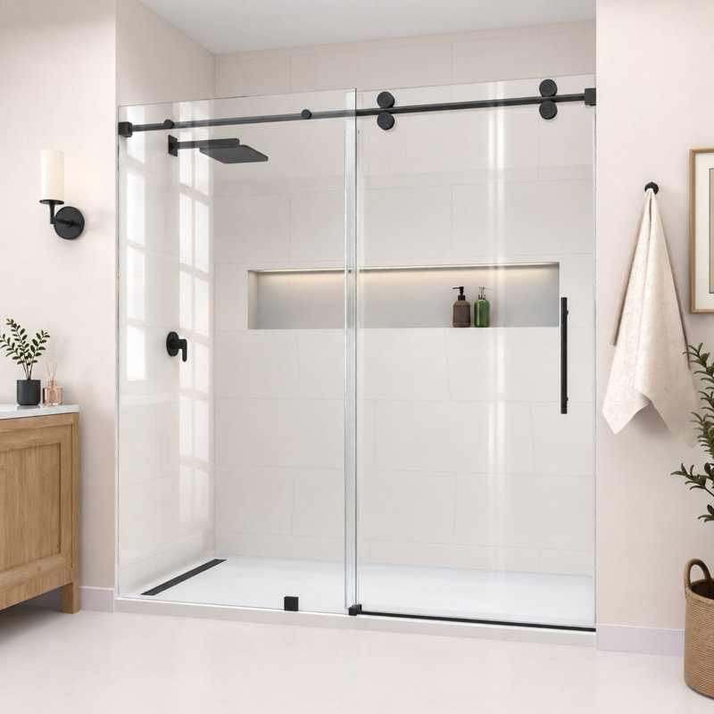 Radiance 56"-60"W x 79'' H Single Sliding Frameless Shower Door in Matte Black with 3/8" Clear Glass, Matte Black