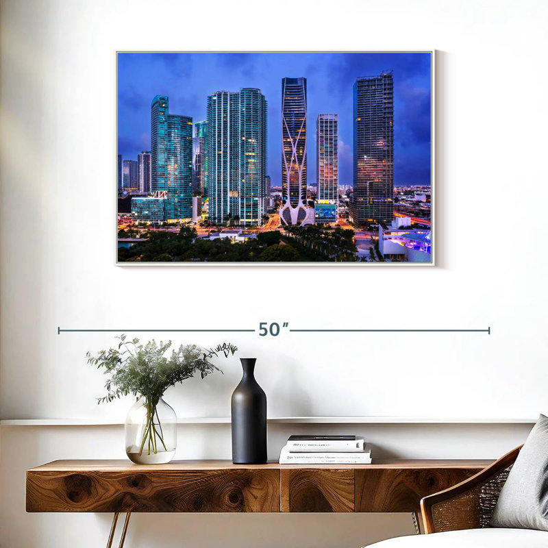 Vue aérienne du centre-ville de Miami, Cadre flottant blanc, 37 po x 25 po