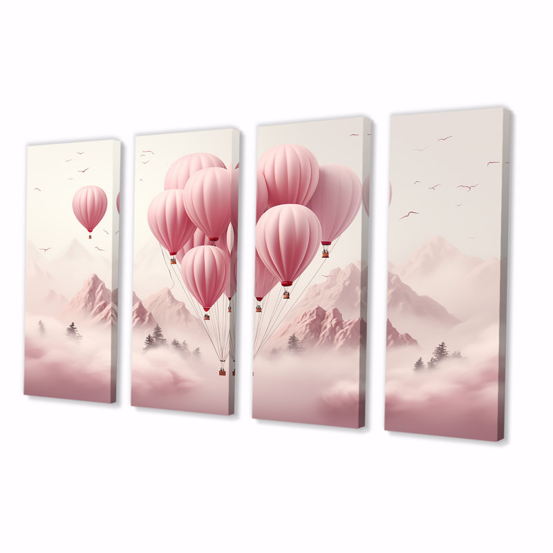 «Pink Air Balloon Adventure On Peak - Montgolfière», art mural 4 pièces pour le salon, H 32 po x l 64 po