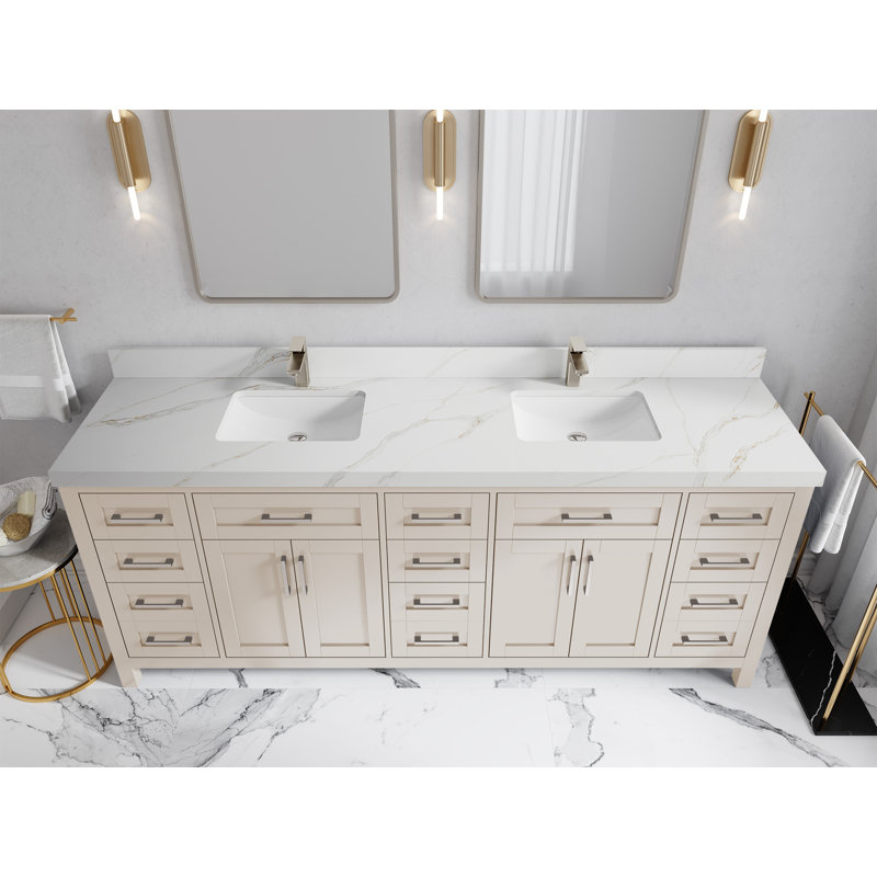 Cambridge 84 In. W X 22 In. D Double Sink Bathroom Vanity In Fine Grain With 2 In. Calacatta Sienna Quartz