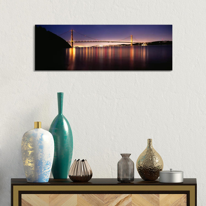 Suspension Bridge Lit up at Dusk, Golden Gate Bridge, San Francisco Bay 1 Piece Wrapped Canvas Panoramic Wall Art