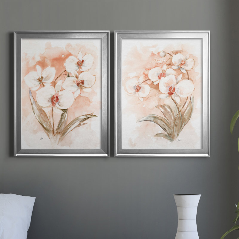 «White and Coral Orchid I», ensemble de 2 peintures sur toiles, Toile avec cadre argenté, H 18,5 po x l 49 po x P 1,5 po