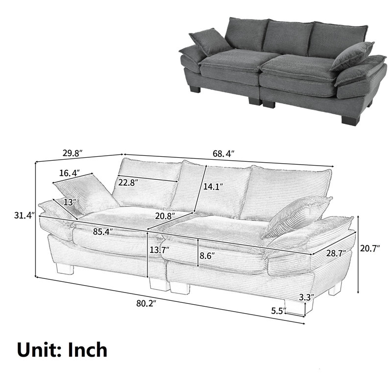 Corduroy Upholstered Sofa, Gray
