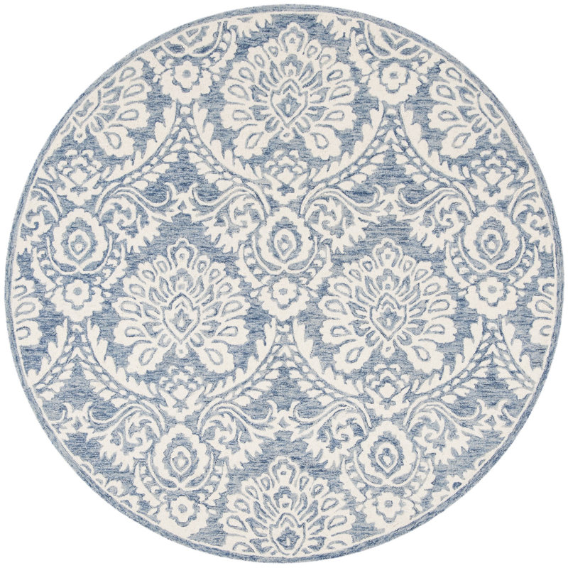 Tapis bleu / ivoire en laine fait à la main Tansy, Rond 8 pi