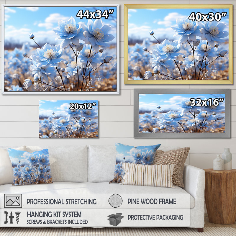 «Inviting Azure Flowers Field I», reproduction sur toile, Cadre flottant noir, 34" H x 44" W