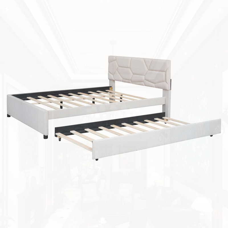 Lit plateforme tapissier avec lit gigogne simple TG, Beige
