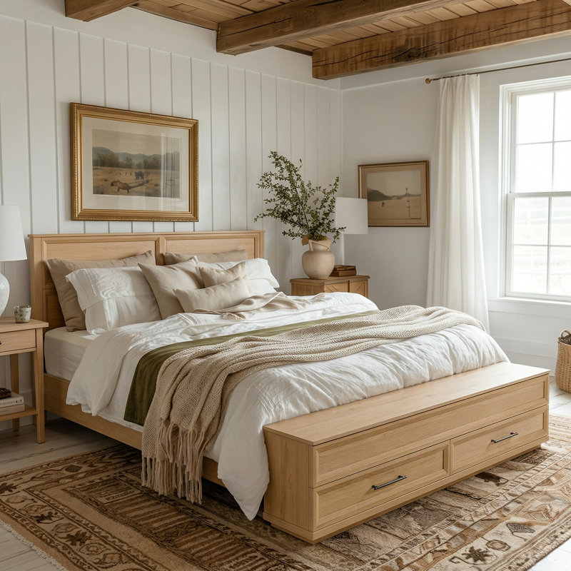 Wood Storage Platform Bed with 2 Drawers and 2 Footboard Storage Compartments, Oak, King