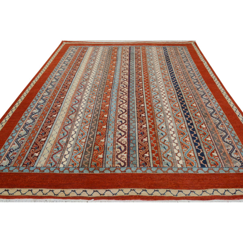 Tapis rouge / brun / gris à motif de chevrons rectangulaires 8 pi 11 po x 12 pi Abner