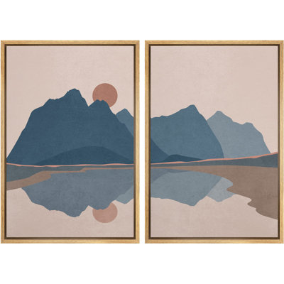 Multicolore rustique, soleil levant sur montagnes bleues et lac, nature sauvage, illustrations modernes