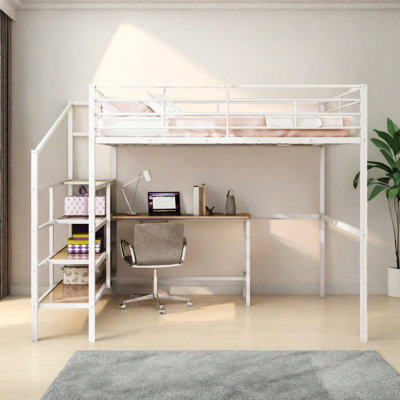 Full-Size Metal Loft Bed With Built-In Desk And Storage Stairs