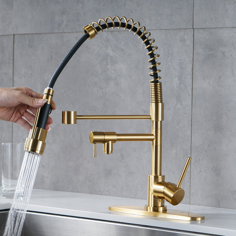 2-Spout Single Handle Pull Down Sprayer Kitchen Faucet With Advanced Spray In Solid Brass, Gold