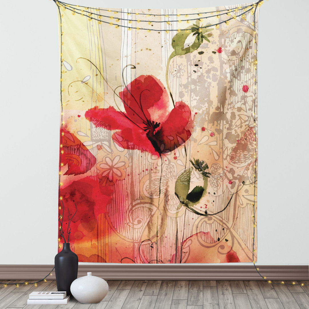 Wandbehang Rote Mohnblume Grungy Farbe Pinsel Effekt Beige Floral Design