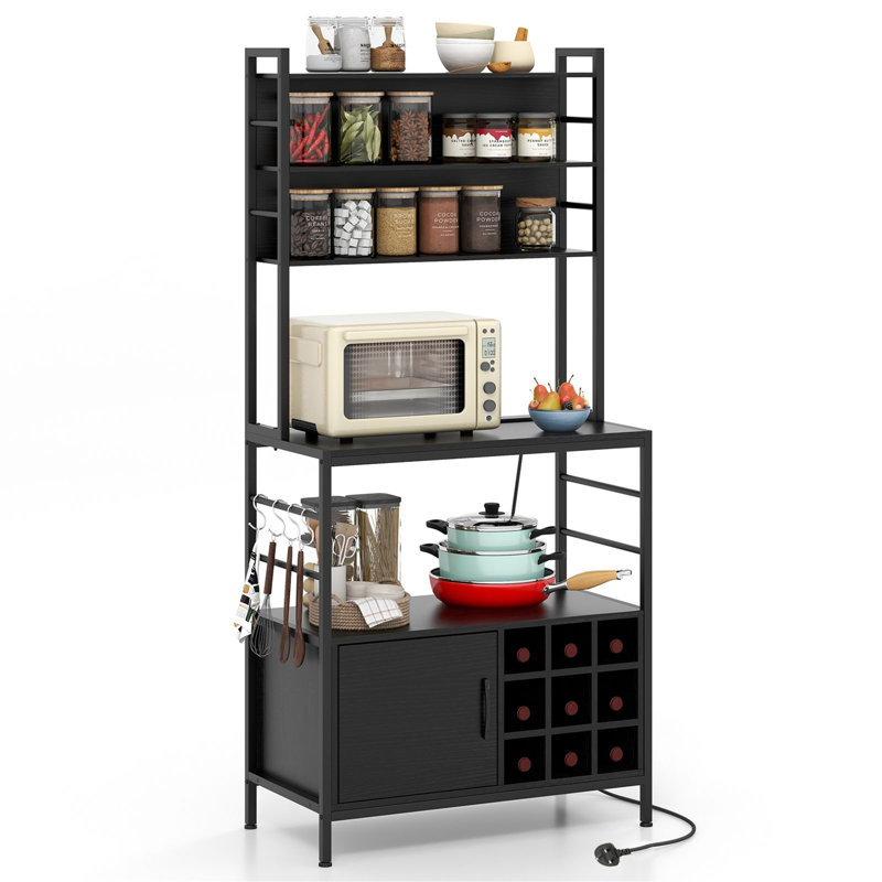 Bakers Rack with Power Outlet and Heavy-Duty Metal Frame, Black