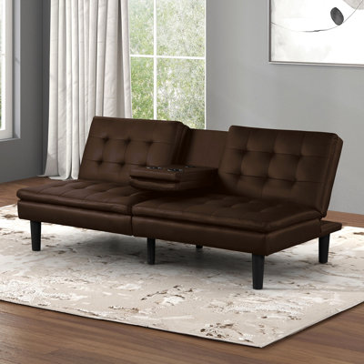 Brown Contemporary Futon Bed, Biscuit - For Style, Converts To Bed With A And C Chargers Drop Down Table Cup Holders Tufting Features Ports