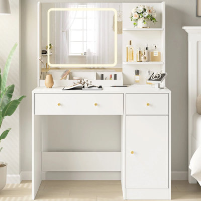 Makeup Vanity with LED Lighted Mirror, 3 Drawers & Power Outlet for Bedroom