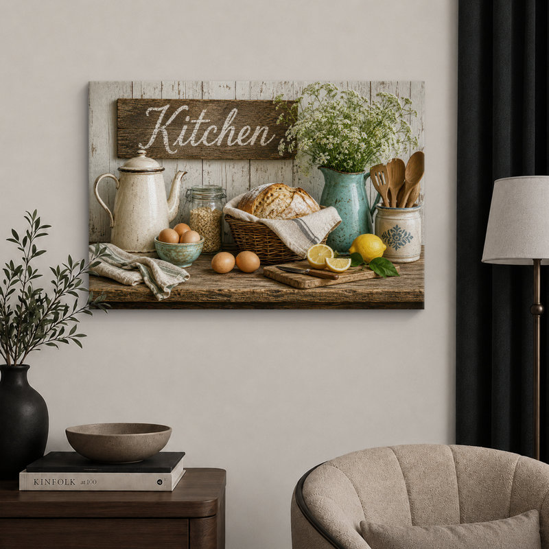 Œuvre d'art de campagne rétro vintage, pain de cuisine et citron, images de cuisine, impression sur toile encadrée
