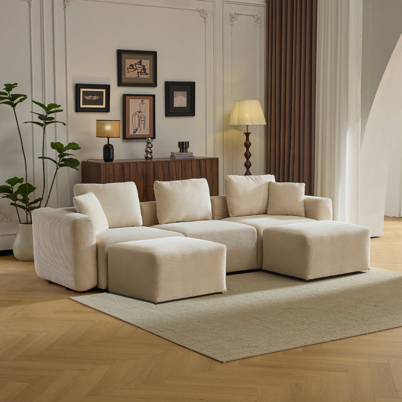 Canapé modulaire en velours côtelé avec pouf de 110 po Boneless, Velours côtelé blanc cassé